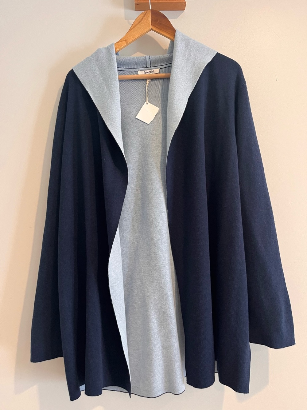 NEW SPLENDID Long Hooded Cardigan Sweater Open Front Navy & Light Blue Large
